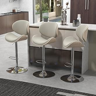 civama Bar Stools Set of 3 for Kitchen Counter, Adjustable Bar Height Chairs, Modern Swivel Barstools with Bentwood Seat and Back with Footrest for Kitchen Island, Dining Room, Grey PU Leather