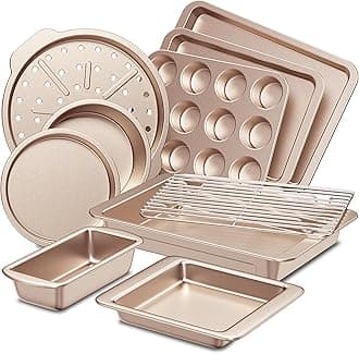 HONGBAKE Bakeware Sets, Baking Pans Set, Nonstick Oven Pan for Kitchen with Wider Grips, 10-Piece Including Rack, Cookie Sheet, Cake Pans, Loaf Pan, Muffin Pan, Pizza Pan - Champagne Gold