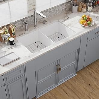 32 White Undermount Double Kitchen Sink, Hugsleek Topmount & Undermount Kitchen Sink 32x19 inch White Porcelain Ceramic Fireclay Sinks Dual Mount 50/50 Double Bowl Under Counter Sinks Basin Drop In
