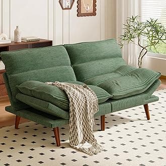 AMADA HOMEFURNISHING Futon Sofa Bed, Corduroy Futon Couch with Adjustable Backrest and Armrests, 2 in 1 Convertible Small Sleeper Sofa Bed for Small Spaces, Living Room or Office, Vintage Green