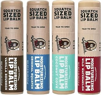 NEW Natural Lip Balm - Petrolatum, Paraben, Artificial Flavor-free - Shea Butter, Beeswax, Vitamin E - Original Squatch, Vanilla Bourbon, Coconut Cove, Wild Watermelon (0.25 oz, 4 Pack)