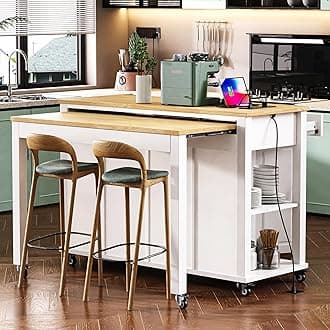 47 inch Kitchen Island On Wheels with Extendable Dining Table,Rolling Kitchen Island Cart with Internal Storage Rack and Power Outlet,Kitchen Island Table with Drawer & Shelves,White