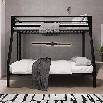 Allewie Metal Bunk Bed Twin Over Full Size for Junior & Adults with Ladder and Heavy Duty Guardrail, Small Space Saving Design for Bedroom Kid Room and Dorm, Black