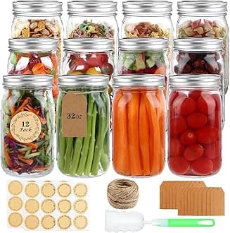 HWASHIN Wide Mouth Mason Jars 32 oz, 12 Pack Clear Glass Mason Jars with Airtight Lids and Bands, Quart Canning Jars for Preserving, Canning, Meal Prep, Pickling