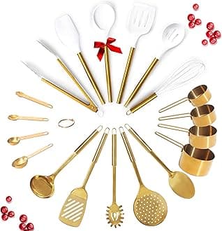 Gold Kitchen Utensils Set - 19 PC Luxury Set includes Stainless Steel Gold Cooking Utensils Set, White Silicone Cooking Utensils, Gold Measuring Cups and Spoons Set - Gold Kitchen Accessories