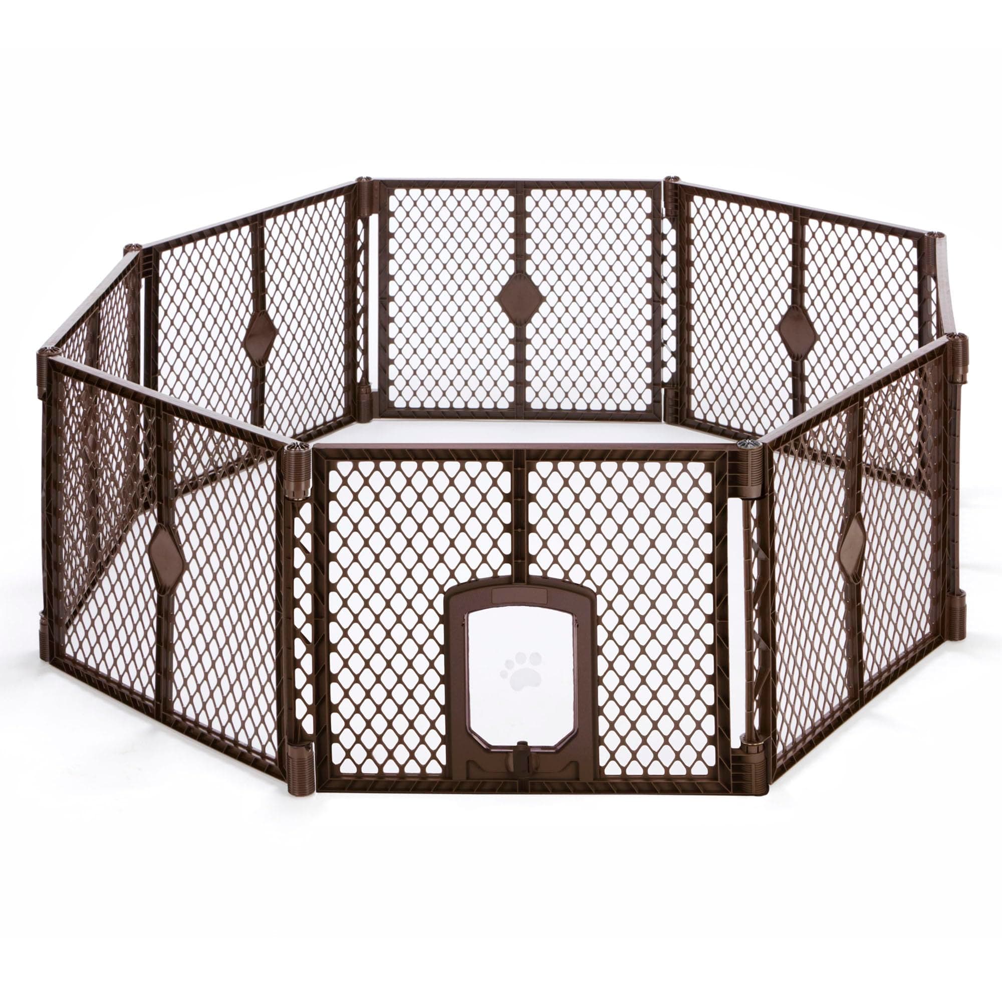 8-Panel Petyard Passage: 6.5 ft. Wide 26 in. Tall Brown Freestanding Customizable Folding Pet Enclosure with Lockable Pet Door; Indoor/Outdoor Puppy Playpen Made in USA