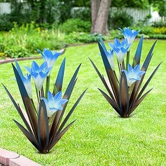 Homight Metal Agave Plant Outdoor Decoration Lily Mexican Yard Art Garden Gift Home Decor Hand Painted Metal Agave Garden Yard Statue, Outdoor Lawn Ornaments (2 Big Blue Lilies)