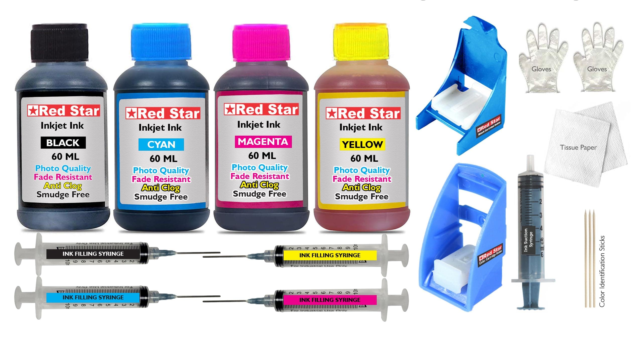 Red Star Ink Refill kit Suitable for HP 803 802 805 818 901 682 680 678 46 Black & Color Cartridge with 240 ml Ink, Suction Holder, Filling Tools & Instructions Combo Pack 480gm