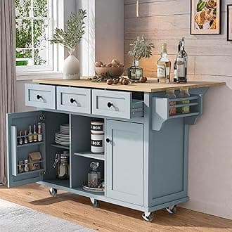 LUMISOL Rolling Kitchen Cart with 3 Drawers and 2 Cabinets, Kitchen Island on Wheels with Drop Leaf, Wood Portable Island with Storage Racks, for Dinning Room Living Room, Gray Blue