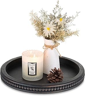 Hanobe Decorative Coffee Table Tray: Modern Farmhouse Beaded Round Tray Decor Rich Dark Brown Circle Wooden Ottoman Serving Platter for Centerpieces Kitchen Counter Bathroom