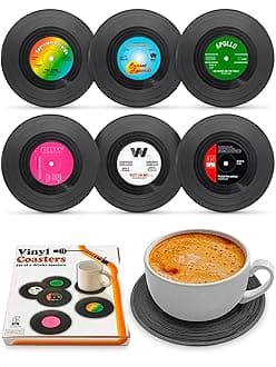 6Pcs Vinyl Record Coasters for Drinks - 4.1" Retro Gift Record Player Coasters for Desk - Durable and Heat-Resistant Mini Vinyl Records Set for 80s Decor in Home, Bar, Kitchen or Office