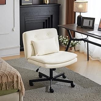 YFO PU Criss Cross Armless Home Office Chair with Replaceable Wheels/Fixed Base and Lumbar Support for Living Room, Wide Seat Adjustable Legged Swivel Chair, Comfy Computer Chair for Vanity, White