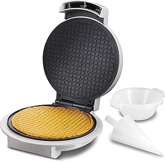 Proctor Silex Waffle Cone and Ice Cream Bowl Maker with Browning Control, Shaper Roller and Cup Press, 7.5” PFAS-Free Nonstick Plates, White (26410MN)