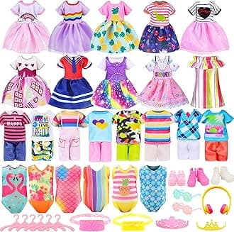30 PCS Mini 6 Inch Doll Clothes and Accessories Include 4 Tops, 4 Pants for Boy Dolls, 5 Dresses , 2 Swimsuit and 2 Shoes, 10 Outfits Hangers Pocket Glasses Headset Crown for 5.3-6 Inch Dolls
