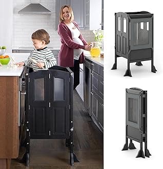 Martha Stewart Kitchen Helper ® Toddler Tower - Charcoal: Kids Folding Wood Kitchen Platform, Adjustable Height Step Stool for Toddlers | Little Kids Learning Furniture