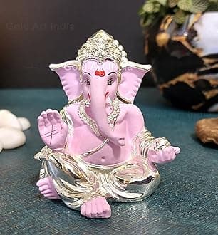 Gold Art India Silver Pink Plated Gaddi Ganesha for Car Dashboard Ganesha Murti Ganpati Idol for Home Decor Puja Lord Ganesh Statue Gift for Office Desk Puja Room Figurine