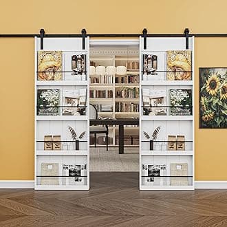 60in x 84in Rustic 8-Shelf Storage Barn Door Room Divider and 12FT Hardware Kit, Paintable White MDF Wood Sliding Barn Door with Soft Close, Smooth Operation and Silent Sliding, Easy to Install