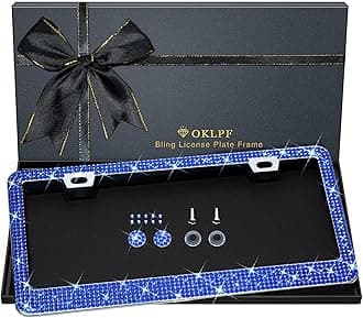 Bling License Plate Frame for Women, 1PCS Sparkly License Plate Frames| Over 1200 pcs 14 Facets Bedazzled Clear Glass Diamond Rhinestone Crystals w/Free Glitter Diamond Box (Dark Blue)