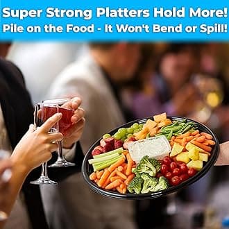 Heavy Duty, Recyclable 16 in. Serving Tray and Lid 3pk. Large, Black Plastic Party Platters with Clear Lids. Elegant Round Banquet or Catering Trays for Serving Appetizers, Sandwich and Veggie Plates