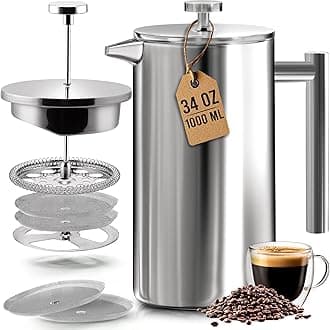 304 Grade Stainless Steel French Press Coffee Maker 34 Oz, Double Wall Insulated Coffee Press with 4-Level Filtration System, Include 2 Extra Filters, Rust-Free, Dishwasher Safe, Silver