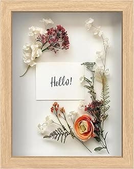 8.5” x 11” Natural Oak Wooden Shadow Box Frame – Display Case with Soft Felt Back, Memory Box with Tempered Glass, Display Box with Elegant White Ball Push Pins, Wooden Flower Box