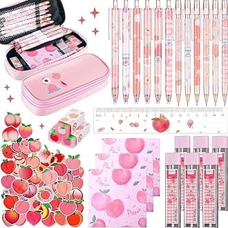 Weekgrat 27 Pcs Kawaii Peach Mechanical Pencil and Cute Pen Case Set Include Black Ink Pens Pencil Refills Juice Peach Erasers Ruler Stickers Sticky Notes Stationery School Supplies for Kids
