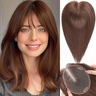 starluck 6x5 inch Large Swiss Base SilkHug 14 Inch Real Human Hair Toppers, Brown, 60 Gram, 100% Real Human Hair Toppers for Women with thinning (with Bangs)