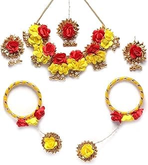 - White & Gold Pearl Tasselled Gota Patti Floral Beaded Haldi & Mehendi Necklace With Earrings, Maang Tikka & Bracelet Jewellery Set For Girls and Women