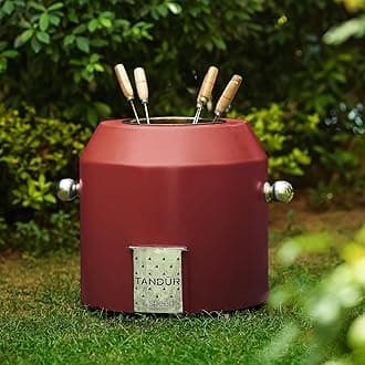 HAUS OF BARS by Speedx- Charcoal Tandur with 4 Skewers | Home Cooking Tandoor Crafted with a Blend of Clay & Metal, (20x20x20) Inches, Cylindrical (Maroon)