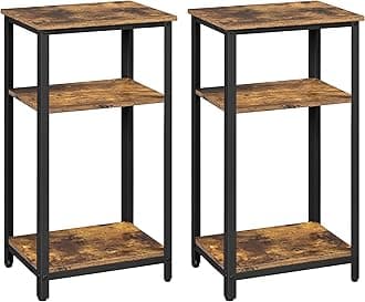 Tall End Table Set of 2, 16x12x29.5 inch Industrial Side Table with Strong Wooden Shelves, 2PCS Slim 3-Tier Telephone Table with Metal Frame for Living Room, Small Places - Rustic Brown