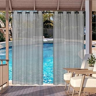Outdoor Curtain for Patio, Grey Linen Look Semi-Sheer Curtains Waterproof Light Filtering Voile Outside Grommet Drapes for Pergola Balcony Pool Indoor 2 Panels, W52 x L96
