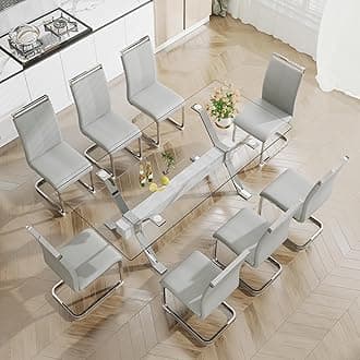 Pvillez Glass Dining Table Set for 8, 9 Piece Dining Room Table Set, 78" Modern Large Glass Kitchen&Dining Room Table w/Silver Metal Legs & Grey MDF Crossbars & 8 Light Grey PU Leather Dining Chairs