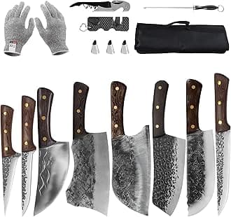 FULLHI14pcs Chef/Butcher Fish Knife Set, High Carbon Steel Hand Forged Boning Carving Knife With Knife Roll Bag For Kitchen, Camping, BBQ