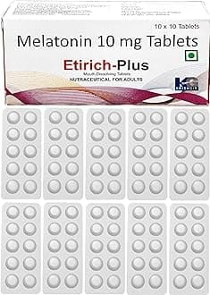Etirich-Plus Melatonin 10mg | Nutritional Supplement | Vegetarian, 100 Tablets | Natural Sleeping Aid pills for Restful Deep Sleep| Nutraceutical For Adults