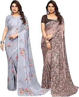SIRIL Women's Georgette Printed Saree With Unstitched Blouse Piece Combo Pack Of 2
