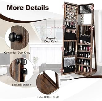 CHARMAID Jewelry Armoire with Higher Full Length Mirror, Lockable Jewelry Cabinet Organizer with Large Storage Capacity, Inside Makeup Mirror, Stable Base, Easy Assembly (Rustic Brown)