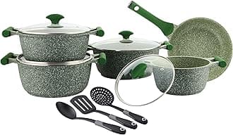 Essentials Granite 12 Piece Non-Stick Cast Aluminium Cookware sets | Induction Compatible Pots and Pans Set |Green - PR80963