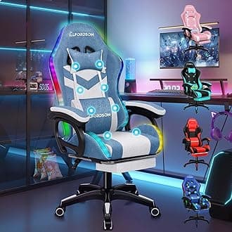 ELFORDSON LED Gaming Chair with 8-Point Massage, Ergonomic Computer Office Chairs with Lumbar Support Footrest 82cm High Back 150° Recliner, Swivel, Fabric Linen, Blue and White