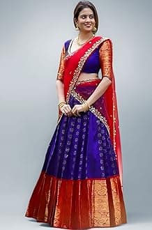 Women's Unstitched Indian Traditional Kanjivaram Silk Pure Zari Lehenga Choli Set Half Saree.