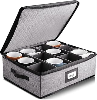 Coffee Mug Storage, Quilted and Stackable Coffee Cup Storage Organizer for Service of 12, Mug Storage Box with Dividers, Mug China Storage Containers Hard Shell for Moving and Seasonal Storage