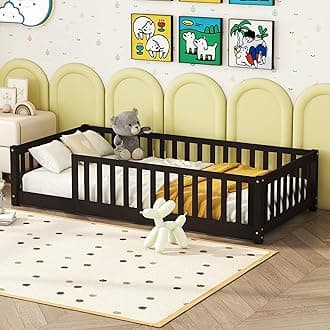 Twin Size Kids Montessori Floor Bed,Twin Floor Bed Frame with Slats,Solid Wood Twin Bed Frame for Girls Boys,White