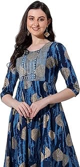 MIRCHI FASHION Women's Cotton Relaxed Fit A Line Sequins Embroidery Work Foil Printed A-Line Kurti Only