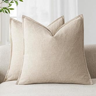 Foindtower Pack of 2, Decorative Linen Soild Throw Pillow Covers Soft Accent Cushion Case Boho Farmhouse Neutral Pillowcase for Couch Sofa Bedroom Living Room Home Decor 16 x 16 Inch Natural Beige