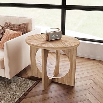 PADMA HOUSE Round Wood End Table, Circle Sofa Side Table with Cross Legs, Round Rustic Natural Wood Nightstand, Solid Bedside Table for Living Room Bedroom Office, 28" Dia. x 22"