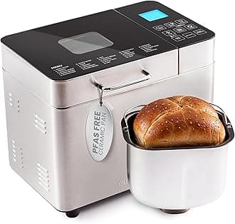Elite Gourmet EBM8224MM Programmable 2 Lb. Bread Maker, PFAS free Ceralast™ Ceramic Pan, Touch Screen Control Panel, 19-Functions, Gluten Free, White, Wheat, Rye & more, 3 Loaf Sizes, Stainless Steel