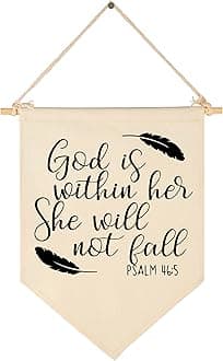 God Is Within Her - Canvas Hanging Flag Banner Wall Sign Decor - Inspirational Gift for Nursery,Kids Room,Living Room,Bedroom,Front Porch Decor - Psalm 46:5 - Bible Verse Scripture Wall Décor -Feather