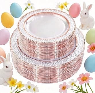 102PCS Rose Gold Plastic Plates - Clear Rose Gold Disposable Plates - Elegant Hammered Plate Include 51PCS 7.5inch Dessert & 51PCS 10.25inch Dinner Plate for Easter Party