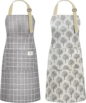 NLUS 2 Pack Waterproof Cooking Aprons, Adjustable Bib Soft Chef Apron with 2 Pockets for Men Women (Gray Stripe/Gray Trees)