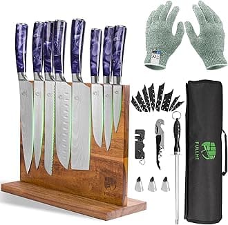FULLHI Knife Set with Magnetic Knife Block Holder,15pcs Japanese Knives Set, German Stainless Steel chef Knife Set