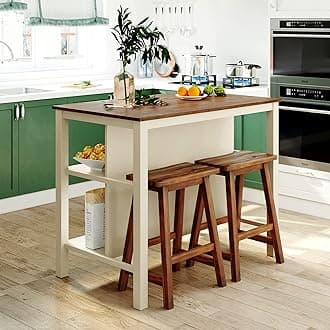 Kitchen Island with Seating for 2, 3 Piece Counter Height Dining Table Set with Storage, Farmhouse Wood Bar Table with Stools, Small Breakfast Dinner Table & Chairs, Walnut+Cream White